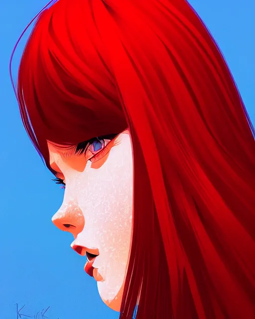 Image similar to a detailed portrait of a beautiful! woman with red hair and freckles by ilya kuvshinov, digital art, dramatic lighting, dramatic angle