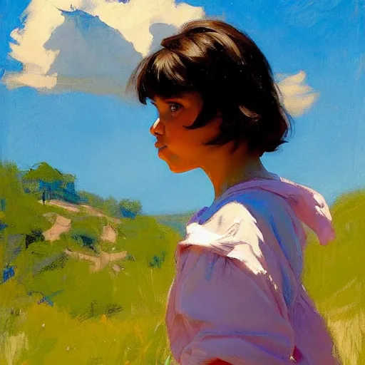 Image similar to Greg Manchess painting of dora the explorer, countryside, fantasy character portrait, dynamic pose, above view, sunny day, thunder clouds in the sky, artwork by Jeremy Lipkin and Giuseppe Dangelico Pino and Michael Garmash and Rob Rey, very coherent asymmetrical artwork, sharp edges, perfect face, simple form, wacky, 100mm