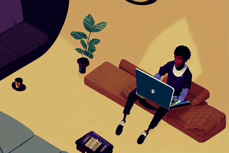 Prompt: a young black man sitting on a sofa working on a laptop, wide angle shot from above, golden curve composition, animation portrait concept art, style of makoto shinkai, xision, james jean and peter mohrbacher, studio ghibli, artgerm, karol bak, dan mumford, 4 k hd, animation style