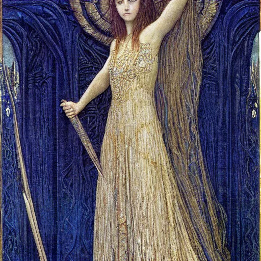 Image similar to detailed realistic half body portrait of a beautiful young medieval queen by jean delville, art nouveau, symbolist, visionary, gothic