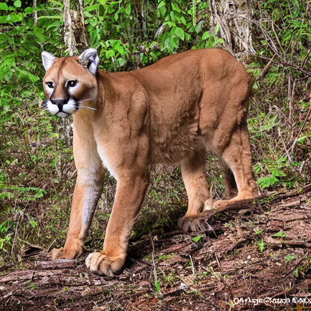 Image similar to cougar in forest at night, night vision goggles, shot from ground up, grainy