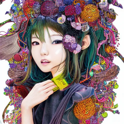 Image similar to the face of a ridiculously beautiful and cute japanese girl partially made of onion rings of all colors looking down, an ultrafine detailed illustration by james jean, final fantasy, intricate linework, bright colors, behance contest winner, vanitas, angular, altermodern, unreal engine 5 highly rendered, global illumination, radiant light, detailed and intricate environment