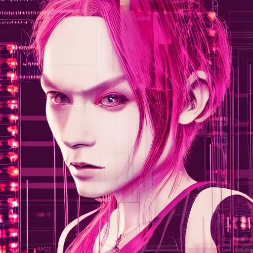 Image similar to a portrait of a woman with pink hair with lots of wires, cyberpunk art by otomo katsuhiro, cgsociety, computer art, circuitry, dystopian art, academic art insanely quality, highly detailed, masterpiece, red light, artstation, 4 k