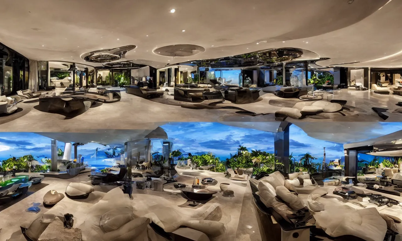 Prompt: A Luxurious Futuristic Mancave in a Billionaire's Megamansion in Puerto Vallarta