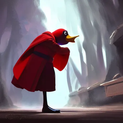 Image similar to a wholesome animation key shot of a black mallard, wearing red cultist robe, pixar and disney animation, sharp, rendered in unreal engine 5, anime key art by greg rutkowski, bloom, dramatic lighting