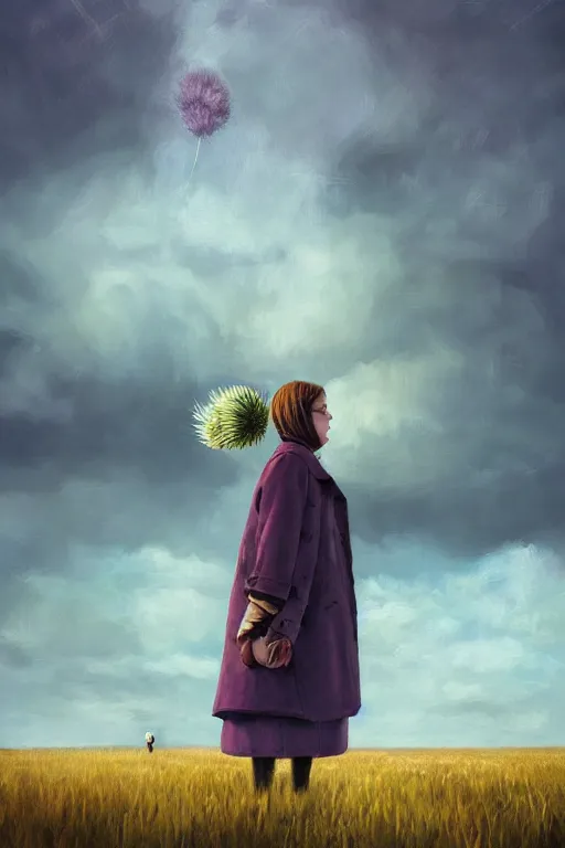 Image similar to portrait, enormous thistle flower head, a girl wearing coat in field, surreal photography, wind and cold, dramatic sky, impressionist painting, digital painting, artstation, simon stalenhag