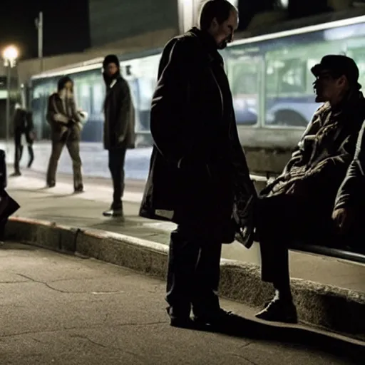 Prompt: a some people waiting in a lone bus stop in quiet dark city in Breaking Bad series
