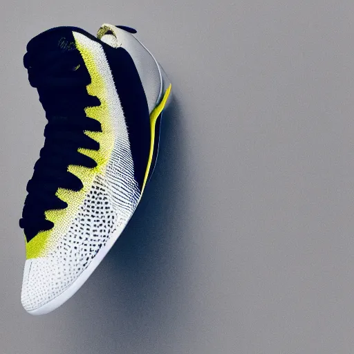 Image similar to a studio photoshoot of a Nike Kobe sneaker designed by Dieter Rams, air technology, geometric, knitted mesh material, realistic, color film photography by Tlyer Mitchell, 35 mm, graflex