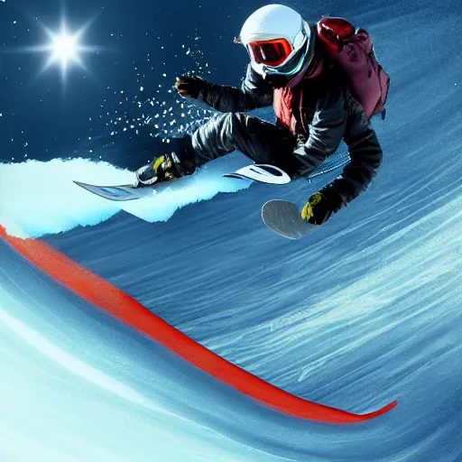 Image similar to snowboarder racing down a slope with a jet engine attached, scifi, futuristic, redline