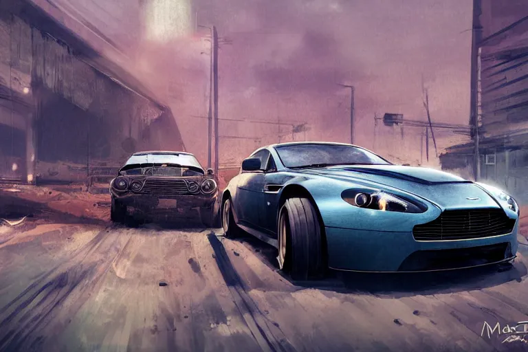 Image similar to digital illustration of mad max's aston martin v 8 vantage pursuit special, by makoto shinkai, ilya kuvshinov, lois van baarle, rossdraws, basquiat