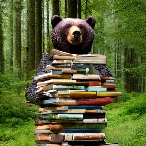 Image similar to Bear made out of old books a forest with impossibly tall trees. 8k resolution. Hyperrealistic.