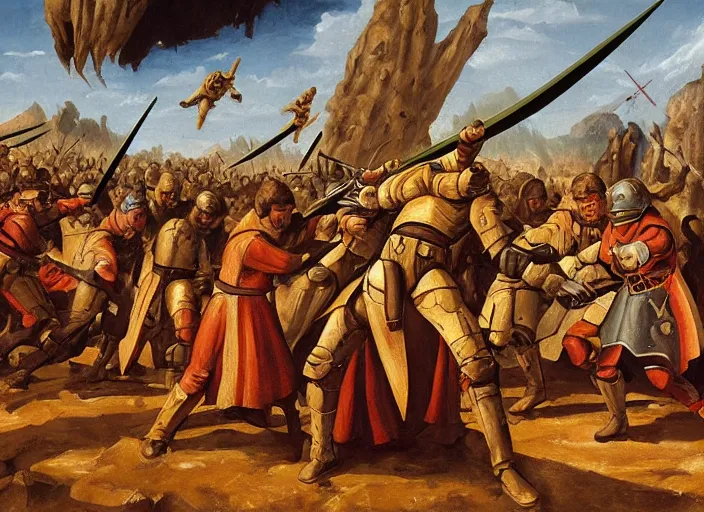 Prompt: medieval oil painting depicting the jedi knights fight on geonosis in attack of the clones, realistic, sharp, uhd