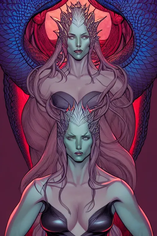 Prompt: comic cover art of tiamat, facing the viewer, high fantasy digital illustration, by jenny frison and sana takeda, intricate details, stunning inking lines, flat colors, 4 k, hd, artstation