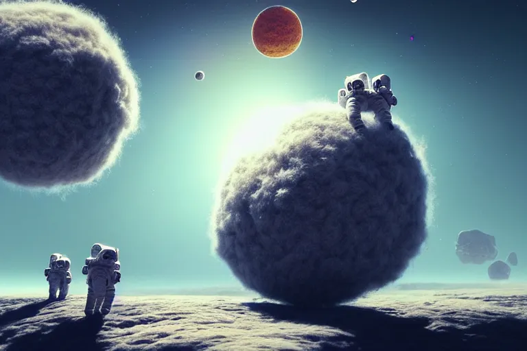 Image similar to an expedition of astronauts discovering a new fluffy planet made out of yarn. crochet, illustration, digital art, matte painting, by greg rutkowski, detailed, sharp, masterpiece, highly detailed, photorealistic, octane render, 8 k, unreal engine 5, trending on artstation