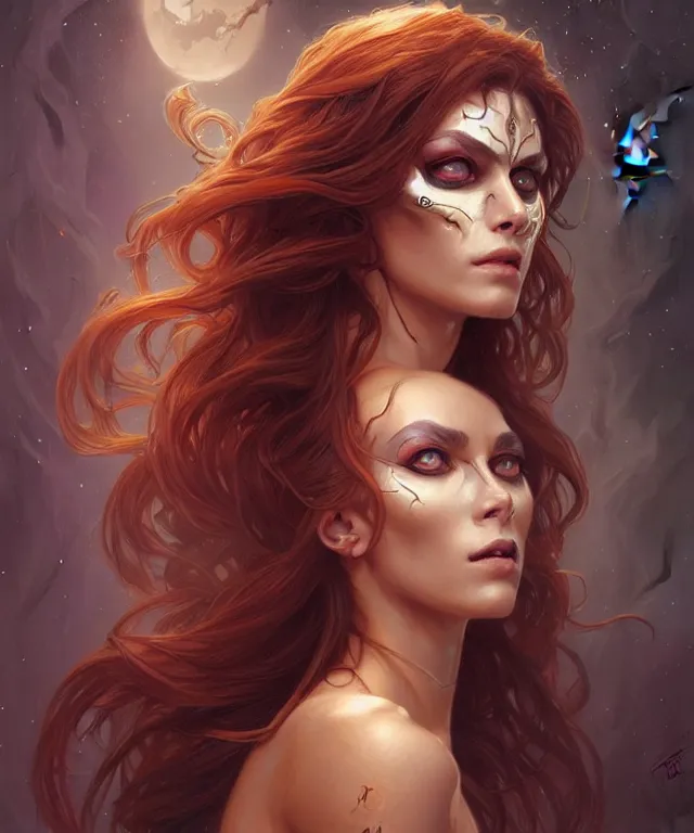 Image similar to Halloween woman portrait, sci-fi, amber eyes, face, long hair, fantasy, intricate, elegant, highly detailed, digital painting, artstation, concept art, smooth, sharp focus, illustration, art by artgerm and greg rutkowski and alphonse mucha