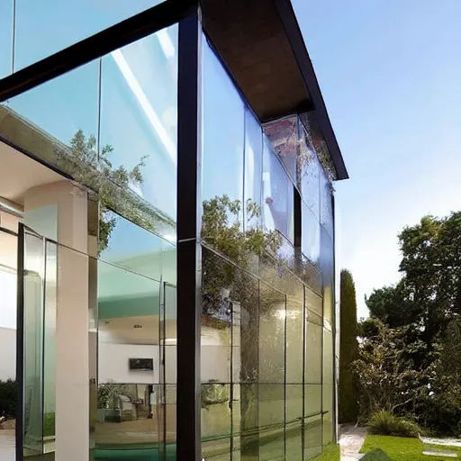 Prompt: a house in the suburbs made entirely of clear glass