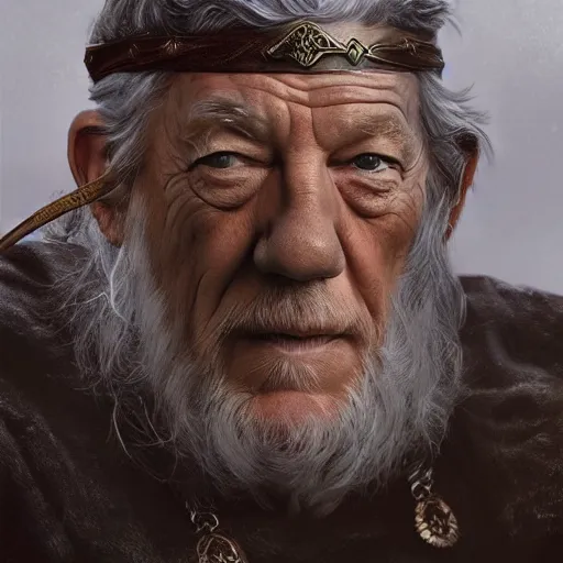 Image similar to Digital painting of Ian McKellen as Odin, wearing an brown leather eyepatch, two ravens in the background, hyperdetailed, artstation, cgsociety, 8k