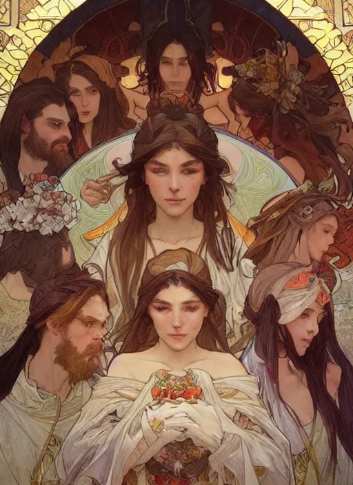 Image similar to the last supper beautiful painting by artgerm and greg rutkowski and alphonse mucha, highly detailed, illustration, epic, fantasy, intricate, hyper detailed, artstation, concept art, smooth, sharp focus, ray tracing