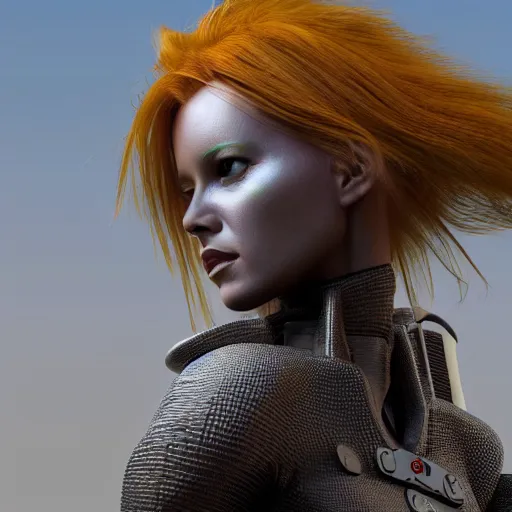 Prompt: a close up of a female woman, synthetic fashion model with large hair, standing on a martian landscape, cinematic movie scene, inspired by the movie the fifth element, by kim jung gi, hyperrealistic, fine details, octane render, volumetric lighting