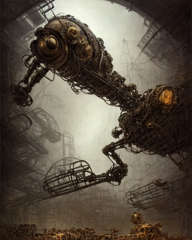 Image similar to low angle shot of a giant steampunk robot character in an abandoned factory, intricate, elegant, highly detailed, centered, digital painting, artstation, concept art, smooth, sharp focus, illustration, artgerm, tomasz alen kopera, peter mohrbacher, donato giancola, joseph christian leyendecker, wlop, boris vallejo