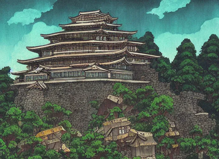 Image similar to japanese fortress in a city inside the forest by studio ghibli painting