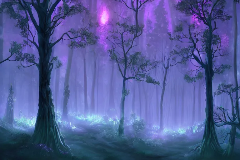 Image similar to ancient magical dark forest, tall purple and pink trees, moonlit, winding path lined with bioluminescent mushrooms, neonlike fireflies, pale blue fog, mysterious, eyes in the trees, cinematic lighting, photorealism