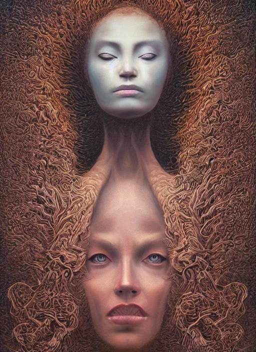 Image similar to dramatic portrait painting of woman with black mandelbrot fractal instead of face, in style of zdzisław beksinski,