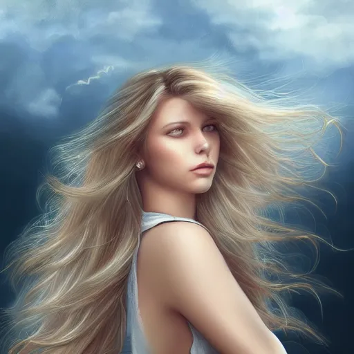 Image similar to A portrait of an attractive young female wind angel, beautiful long wild blond hair, clouds in the back, intricate, highly detailed, elegant, digital painting, trending on artstation