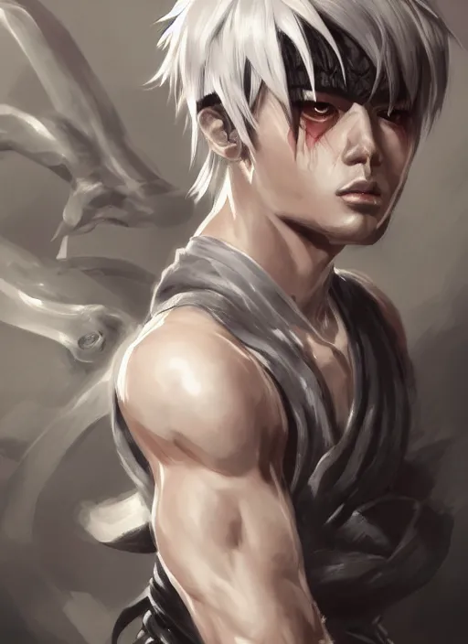 Image similar to a highly detailed illustration of fierce short white haired parted through the middle young attractive asian man, wearing hakama, with black sclera eyes, heroically battle posing, muscular, intricate, elegant, highly detailed, centered, digital painting, artstation, concept art, smooth, sharp focus, league of legends concept art, WLOP