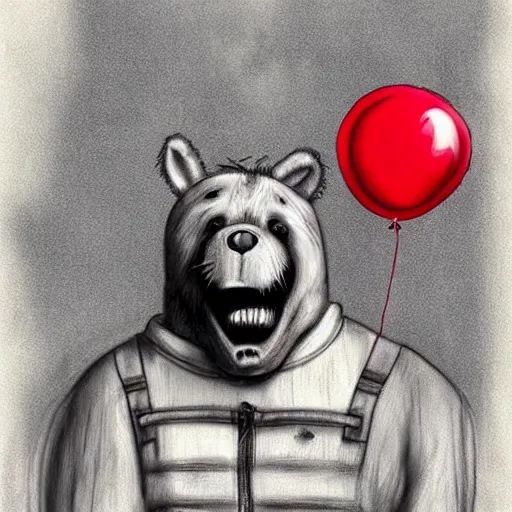 Image similar to surrealism grunge cartoon portrait sketch of a bear with a wide smile and a red balloon by - michael karcz, loony toons style, mad max style, horror theme, detailed, elegant, intricate