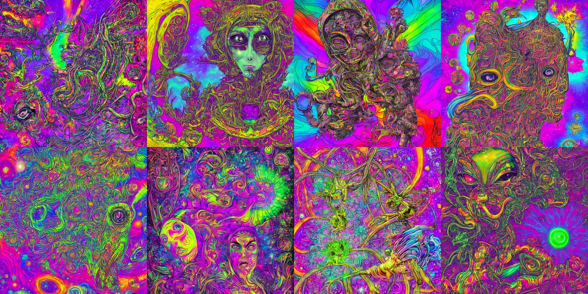 Prompt: a world full of life divine thrill of biological tranquil eyes, atoms floating gothic harts flowers, spaceship, in the style of lisa frank hr giger, behance contest winner, bright color splashes psychedelic art, high detailed 8 k