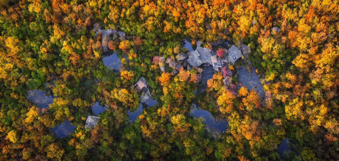 Image similar to stone cottages underneath a dense tall forest, pristine ponds. bodyscapes. fine painting intricate brush strokes, bright depth oil colors. 2 8 mm perspective multisourced photography by araken alcantara. intense promiseful happiness, autumn sunrise warm hdri forest light