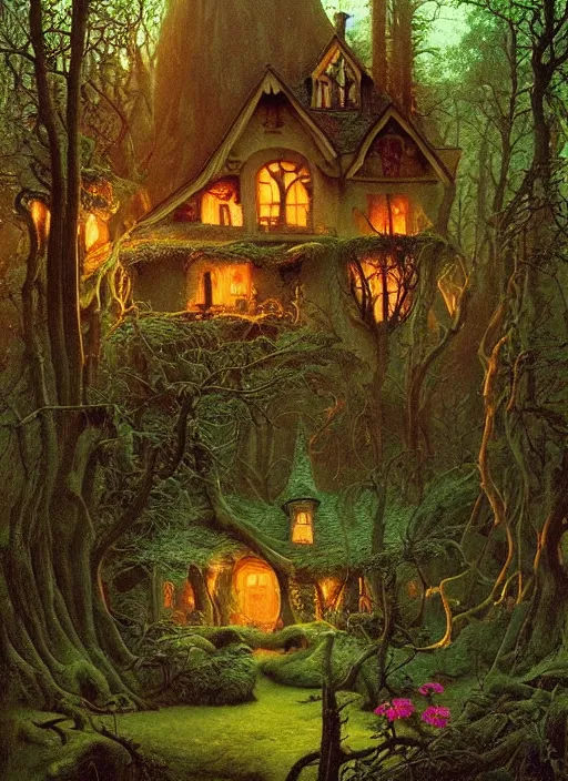 Image similar to hyper realistic witch cottage rococo in the woods gorgeous lighting, highly detailed, lush forest painting by zdzisław beksinski and norman rockwell and greg rutkowskiweta studio, and lucasfilm