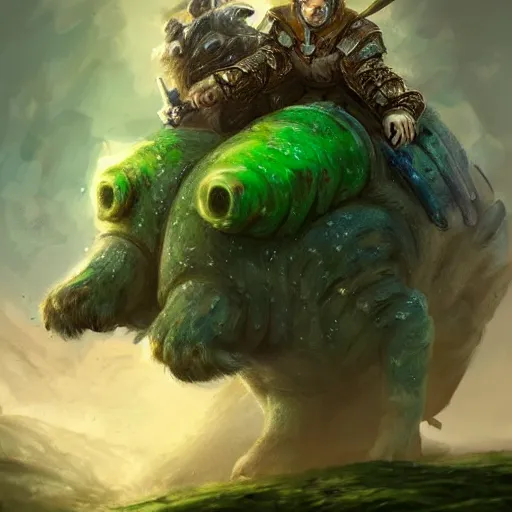 Image similar to A man in armour riding a giant tardigrade into battle, fantasy art, green hills, beautiful, trending on artstation, digital art