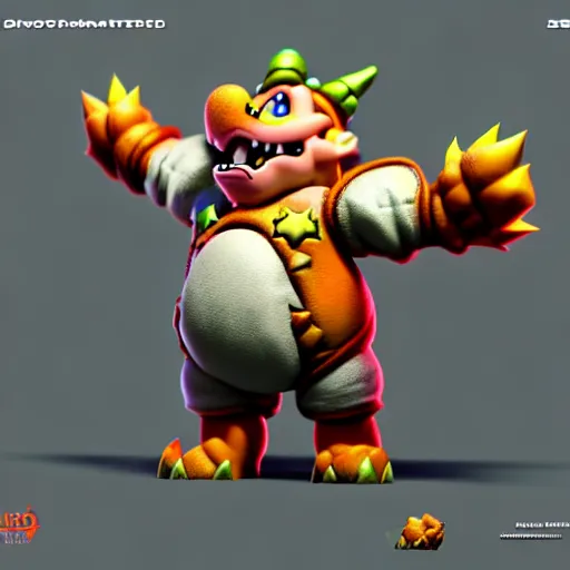 Prompt: Isometric 3D Fantasy Bowser, Smoth 3D Illustration, Cinematic Matte Painting, soft render, Servando Lupini, handpaint texture, Blender, 3DCoat