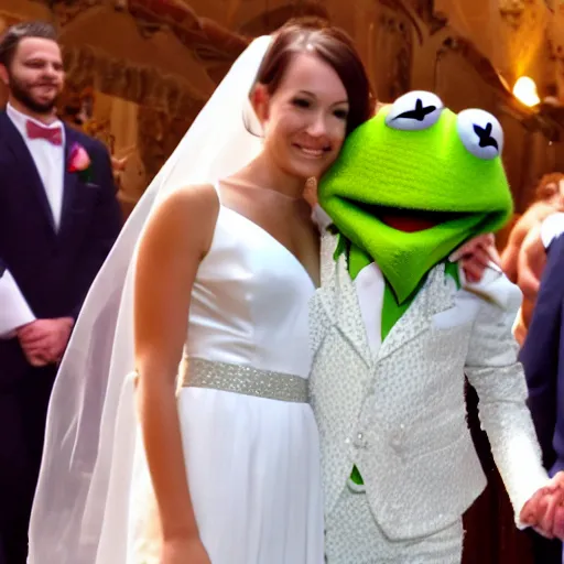 Image similar to Kermit the frogs wedding, marrying a beautiful woman in a long white wedding dress 4k hd photo