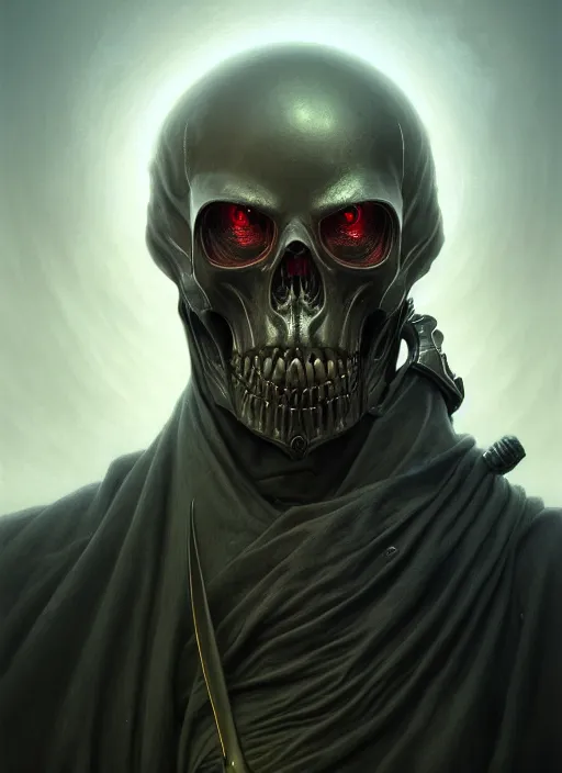 Image similar to closeup portrait shot of a grim reaper in a scenic dystopian environment, intricate, elegant, highly detailed, centered, digital painting, artstation, concept art, smooth, sharp focus, illustration, artgerm, tomasz alen kopera, peter mohrbacher, donato giancola, joseph christian leyendecker, wlop, boris vallejo