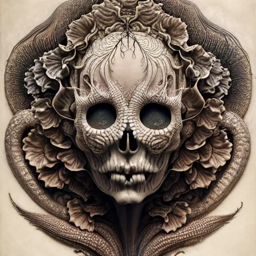 Prompt: detailed realistic beautiful porcelain calaveras face portrait by jean delville, gustave dore, iris van herpen and marco mazzoni, art forms of nature by ernst haeckel, art nouveau, symbolist, visionary, gothic, neo - gothic, pre - raphaelite, fractal lace, intricate alien botanical biodiversity, surreality, hyperdetailed ultrasharp octane render