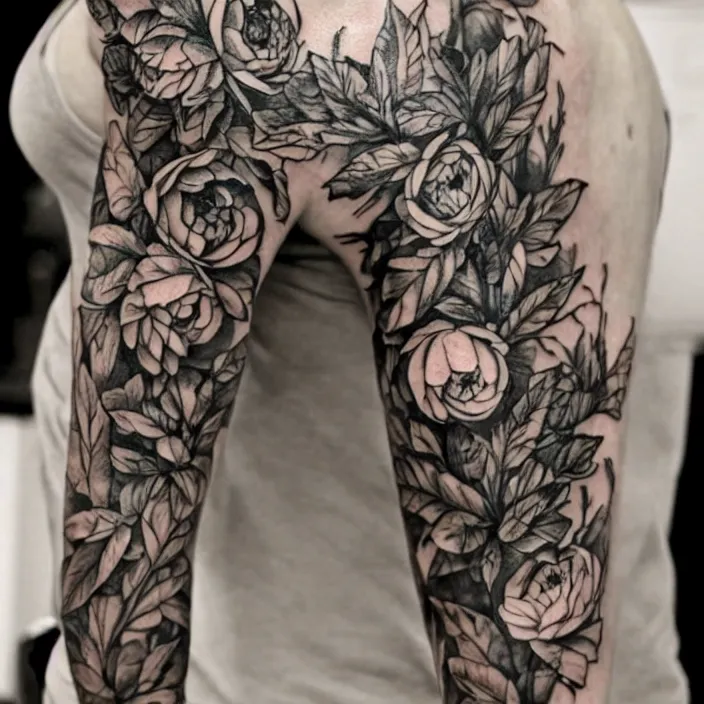 Prompt: sleeve tattoo with a ranunculus surrounded by fern vines, black ink