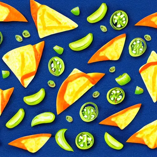 Image similar to watercolor nachos with cheese and jalapeno illustrations, white background, front camera view, forward facing, drawing, cartoon, in the style of shyama golden