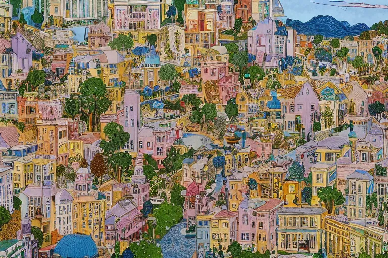 Prompt: an elaborate and dense painting of a peaceful neighborhood, detailed, made of alcohol ink on parchment and penned illustrations, by wes anderson and geoff darrow