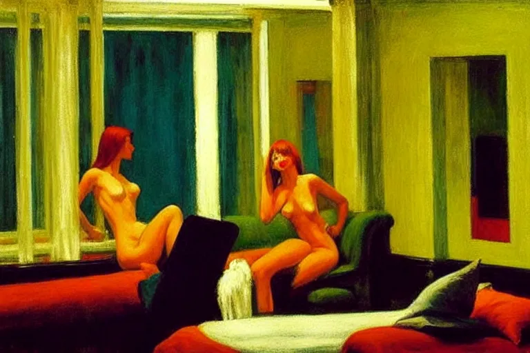 Image similar to the chelsea hotel, painting by edward hopper and eric fischl and robert mcginnis