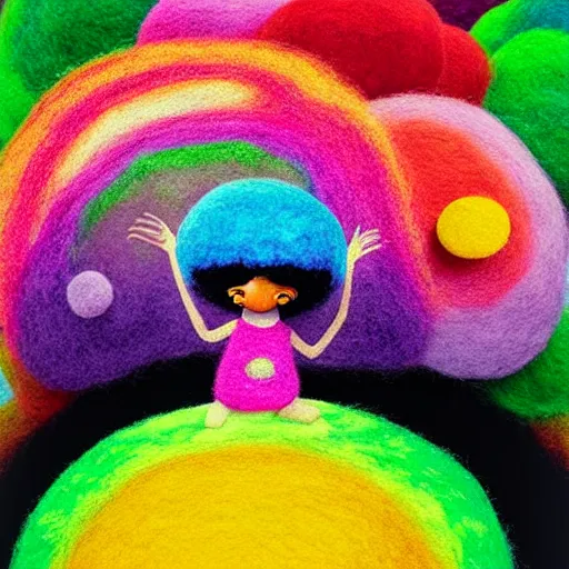 Prompt: a black girl with a colorful afro and big beautiful eyes meditating in a rainbow magic mushroom zen garden, bokeh!!, bright colors, synthwave, watercolor, volumetric wool felting, felt, macro photography, children illustration, by goro fujita