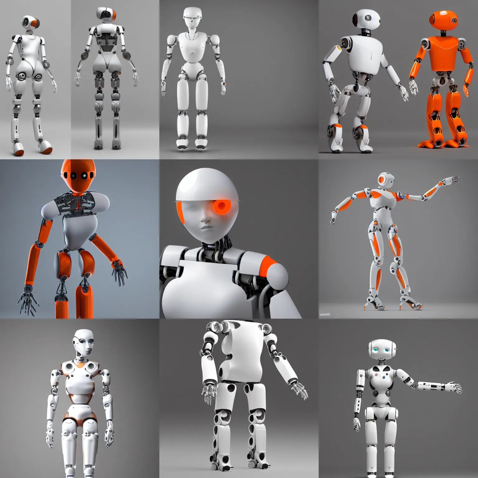 Prompt: cad render of futuristic humanoid robot, parametric solid works, ( design by apple ), studio photo, white and grey, orange details, octane render
