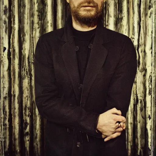 Image similar to Thom Yorke, a man with a beard and a black jacket, a portrait by John E. Berninger, dribble, neo-expressionism, uhd image, studio portrait, 1990s