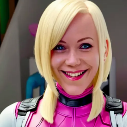 Image similar to A still of Gwenpool in Deadpool 3 (2023), blonde hair with pink highlights, no mask, white and light-pink outfit, smiling and winking at the camera