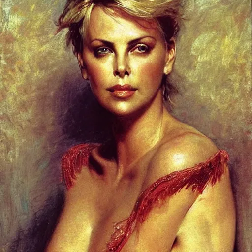 Image similar to frisky charlize theron by ilya repin