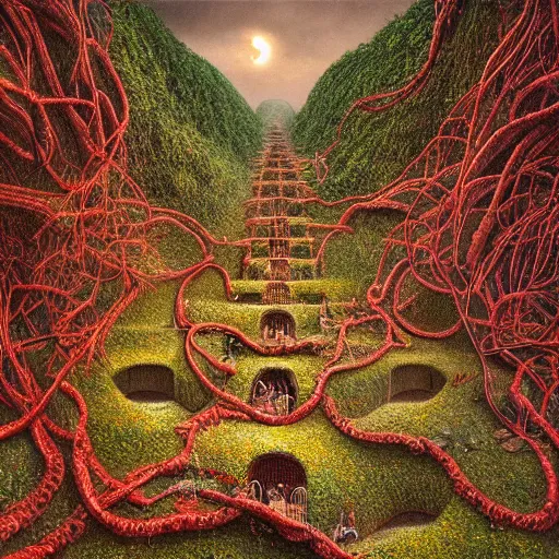 Image similar to intricate stunning highly detailed illustration of the inca lost city of gold, red blood blood blood rivers running through stairs, blood red 🌱, by agostino arrivabene and vladimir kush, surreal, digital painting, ultra realistic, dramatic lighting, twisted vines, lush plants, gold, inca, pristine water, artstation