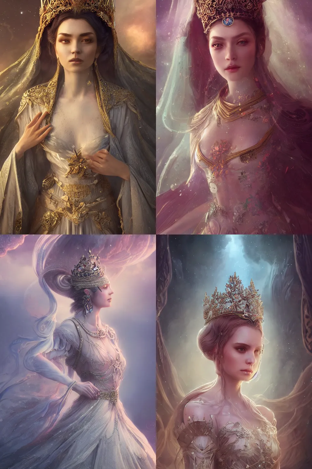 Image similar to Atmospheric detailed photography of a beautiful empress, wearing crystal fractal tiara, fantasy long intricate gown, sharp focus, octane render, high quality, 8k, volumetric lighting, color grading, by Tom Bagshaw and James Jean and Artgerm