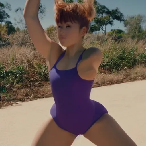 Image similar to a woman wearing a leotard using an exercise ball, 90s' anime training tape aesthetic.